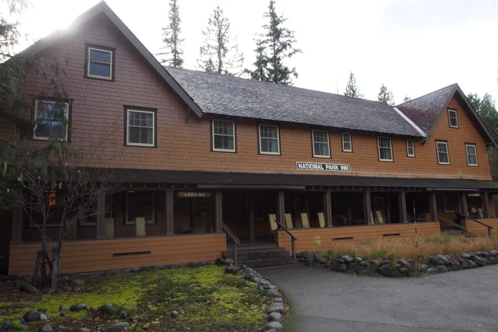 a national park lodge at the base on a mt rainier tour