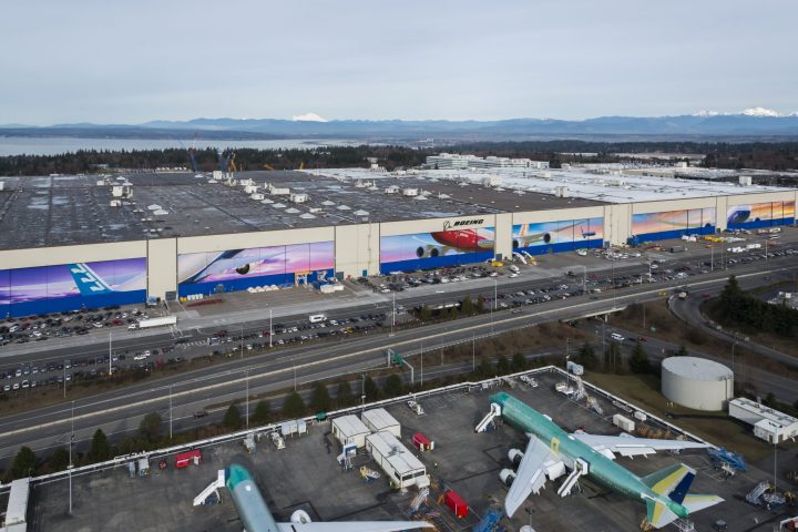 aerial view of boeing facility with planes outside