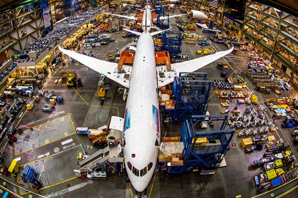 aerial view of a plane in a Boeing factory warehouse