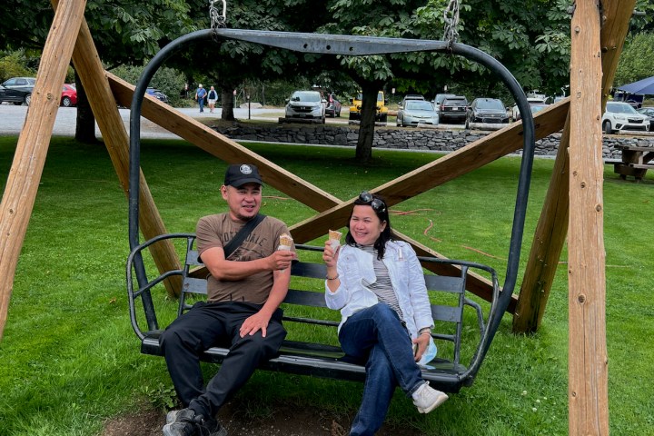 people sitting on a swing during a day trip from seattle to mt rainier tour
