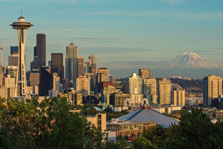 a view of a city with tall buildings and a mountain in the background