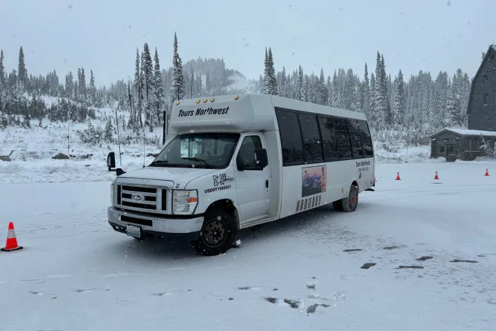 White tour bus parked in snowy landscape with pine trees and traffic cones around.