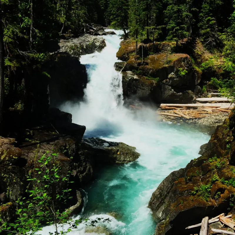 a waterfall and blue water flowing through trees in forest seen on a day trip from seattle to mt rainnier