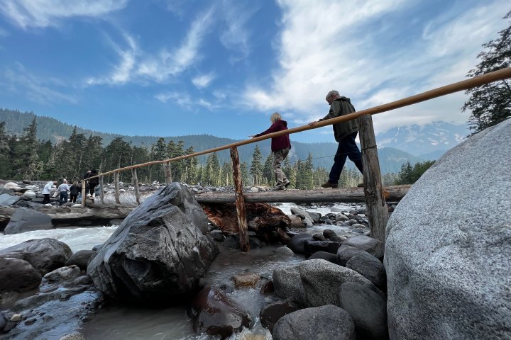 people walking across a bridge over a creek with mt rainier guides on a private mt rainier national park tour
