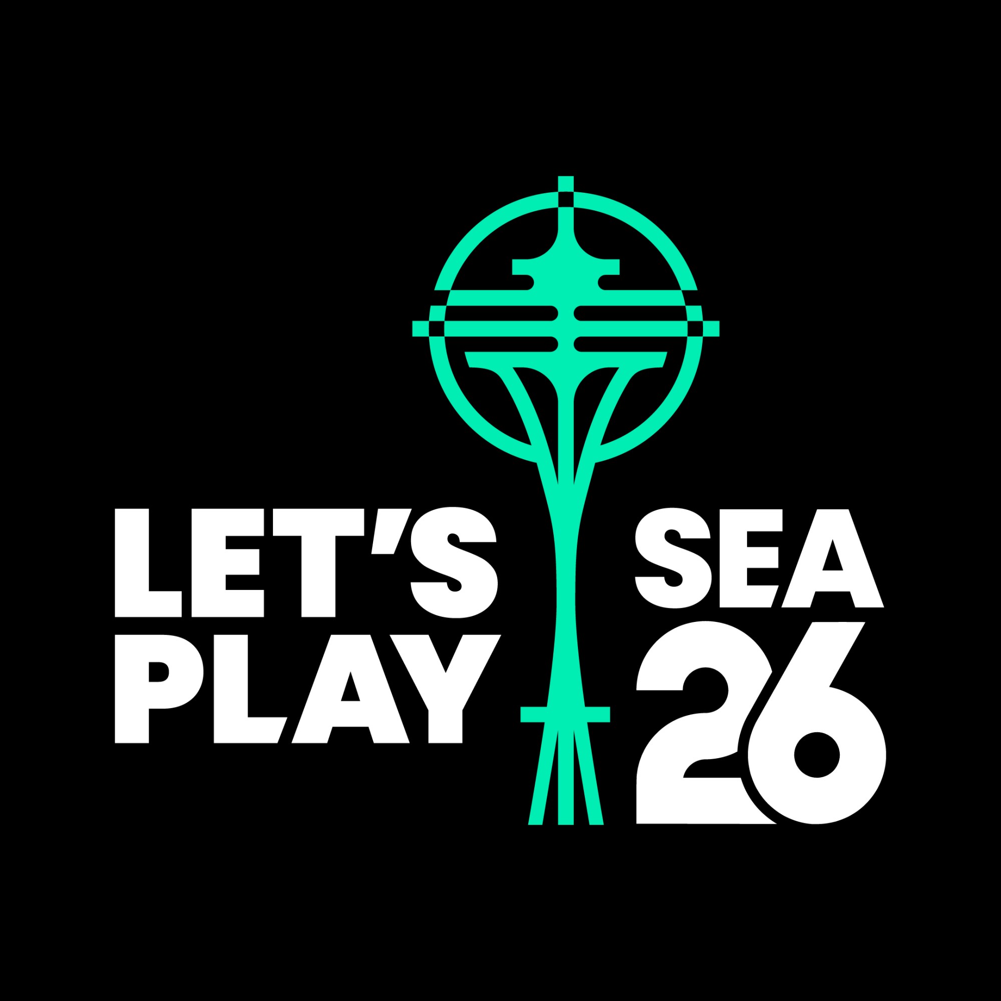 Blue stylized tower with text 'LET'S PLAY SEA 26' on black background for FIFA World Cup in Seattle