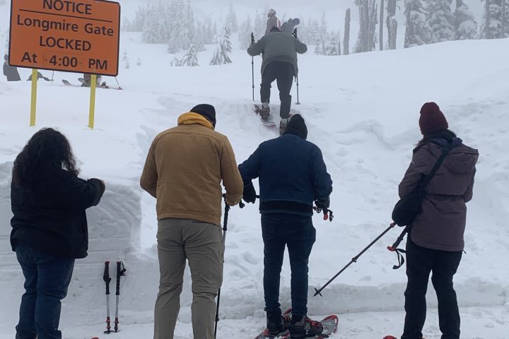 People in snowshoes walking uphill near a sign that says 'Longmire Gate Locked at 4:00 PM' on a snowy day.