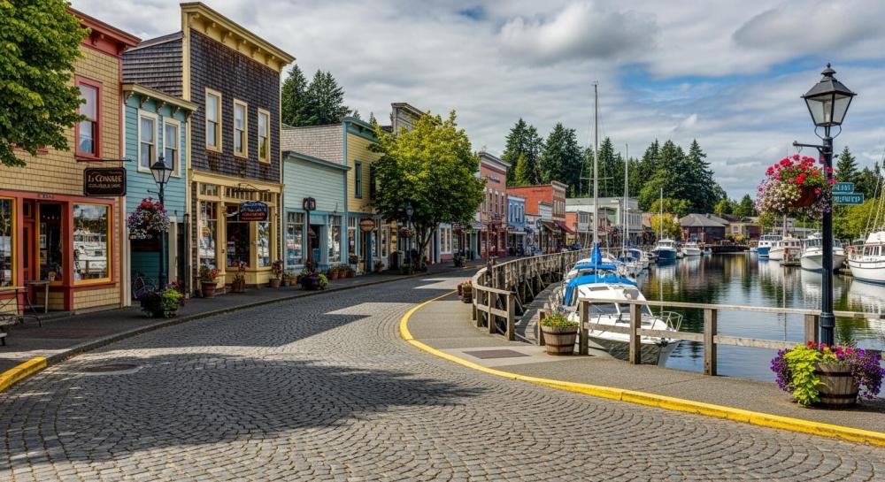 Quaint harbor town street with colorful buildings and boats docked along the waterway.