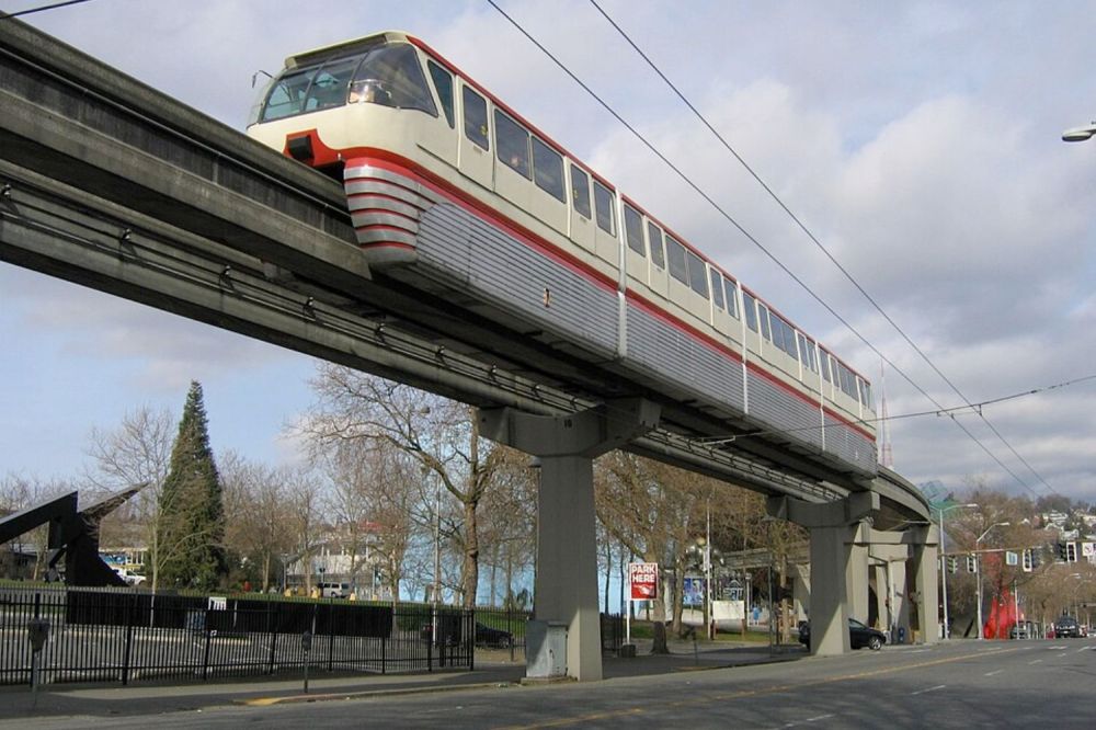 A monorail train on elevated tracks in an urban area with trees.
