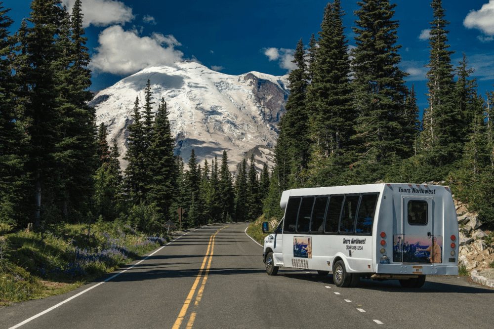 Tour bus on mountain road with snow-capped peak and trees.